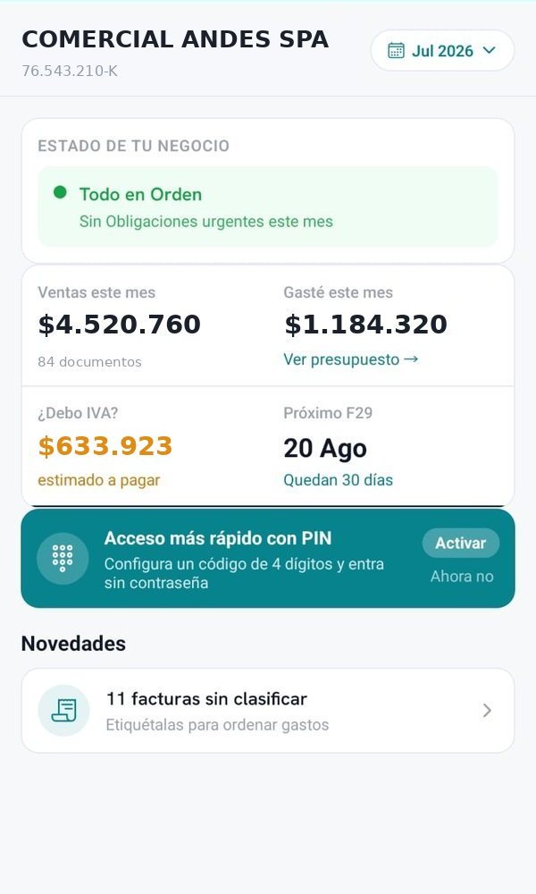 Inicio de la app: estado del negocio en orden, ventas y gastos del mes, IVA estimado y próximo F29