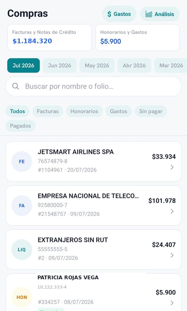 Compras: facturas, honorarios y gastos clasificados, con búsqueda y filtros
